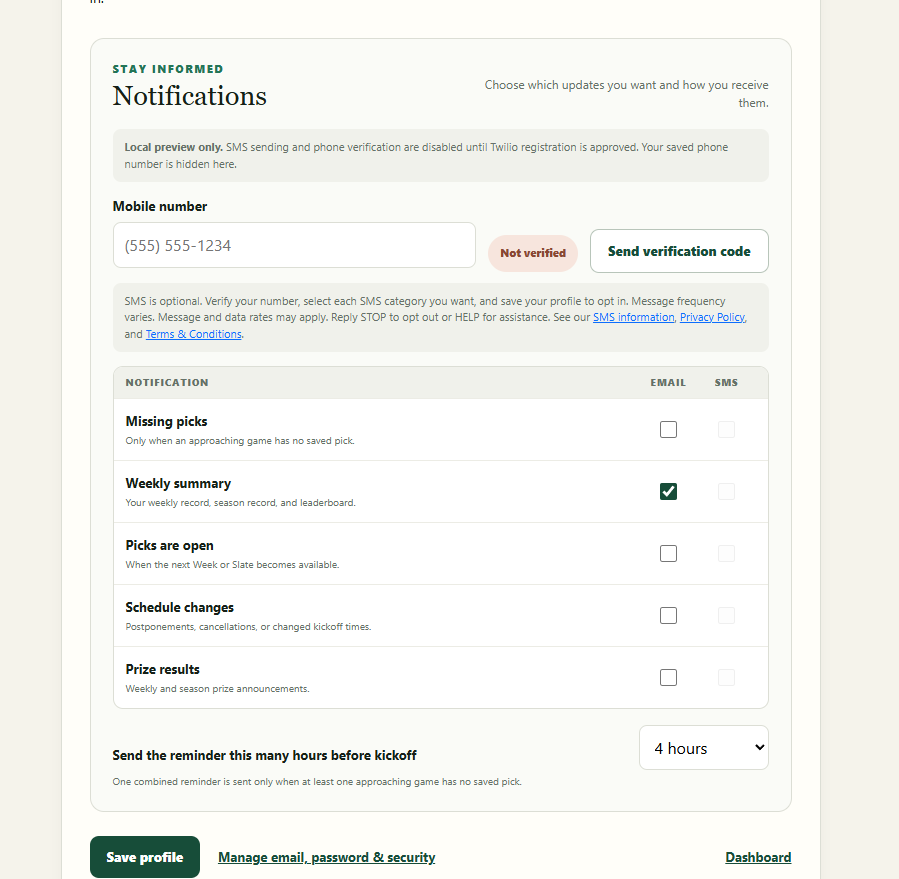 Development screenshot of the signed-in Pick & Boast notification settings, showing the mobile number field, verification button, SMS disclosures, and unchecked SMS notification choices.
